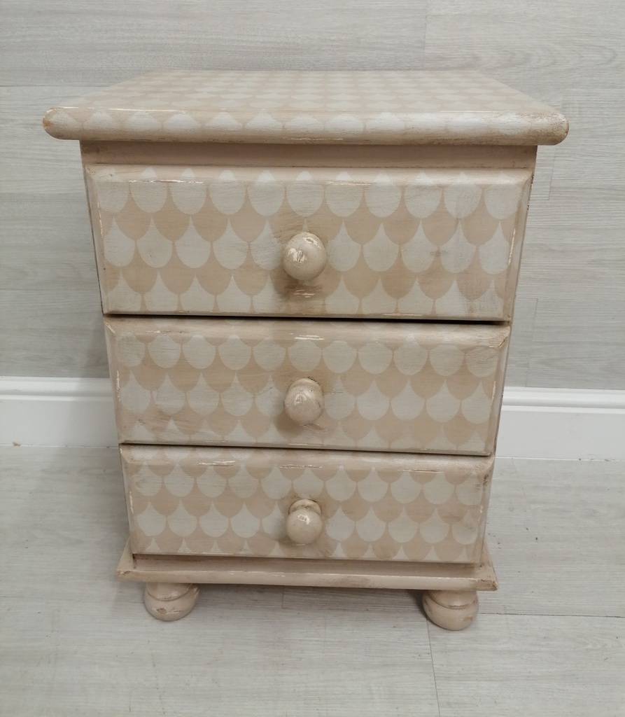 painted pine three drawer bedside chest